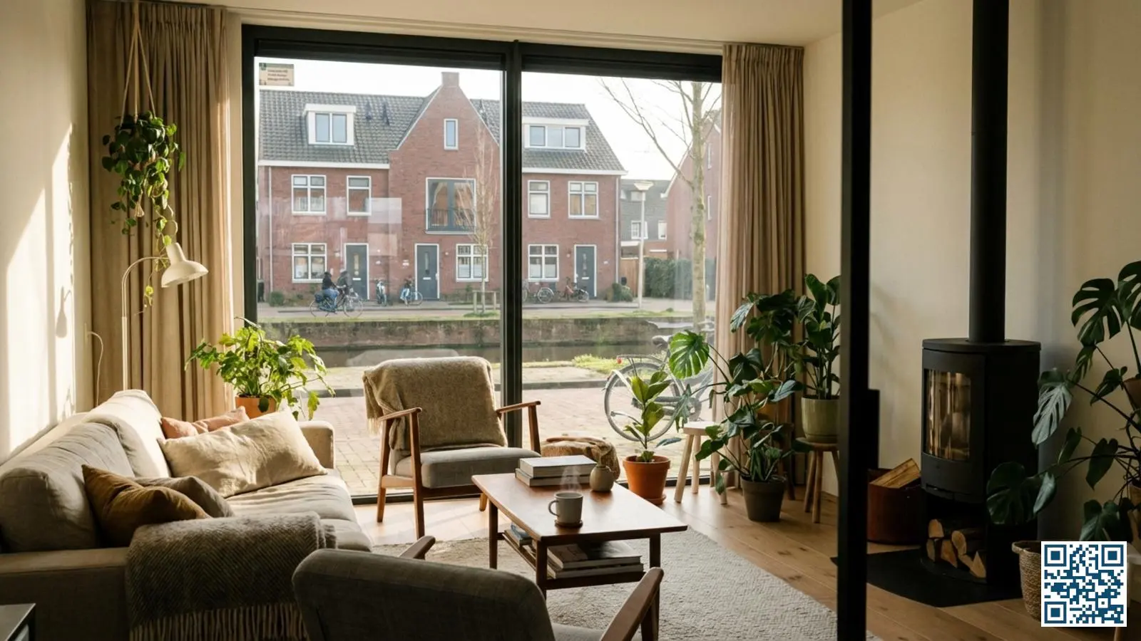 Moderne Nederlandse woonkamer met grote HR-glas ramen die zorgen voor warmte en natuurlijk daglicht