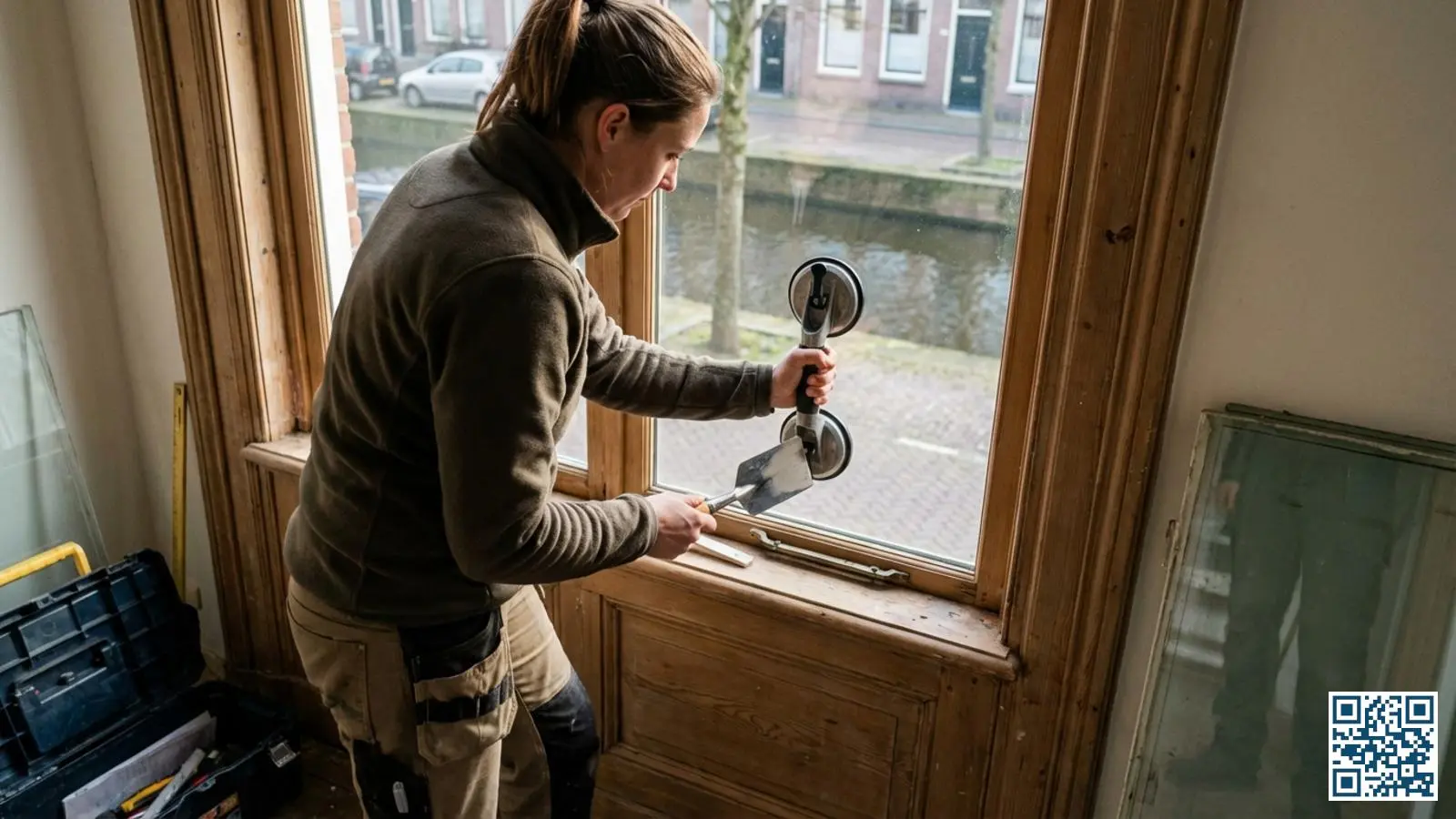 Professionele glaszetter plaatst zorgvuldig een nieuwe isolerende glasunit in een houten kozijn