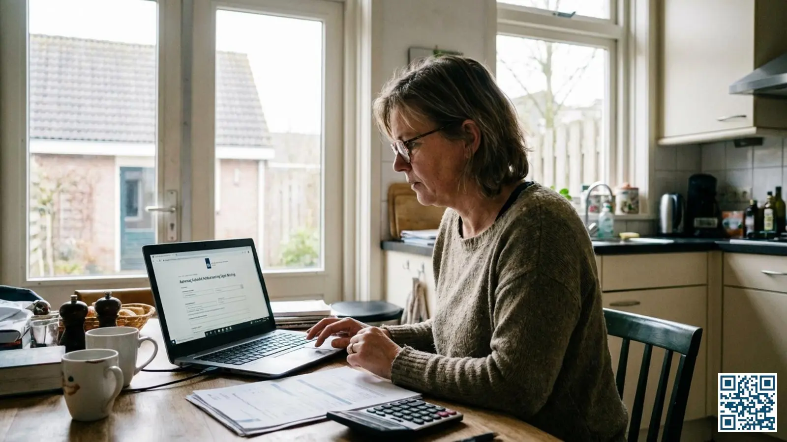 Woningeigenaar dient ISDE-subsidie aan op laptop aan de keukentafel met documenten en calculator