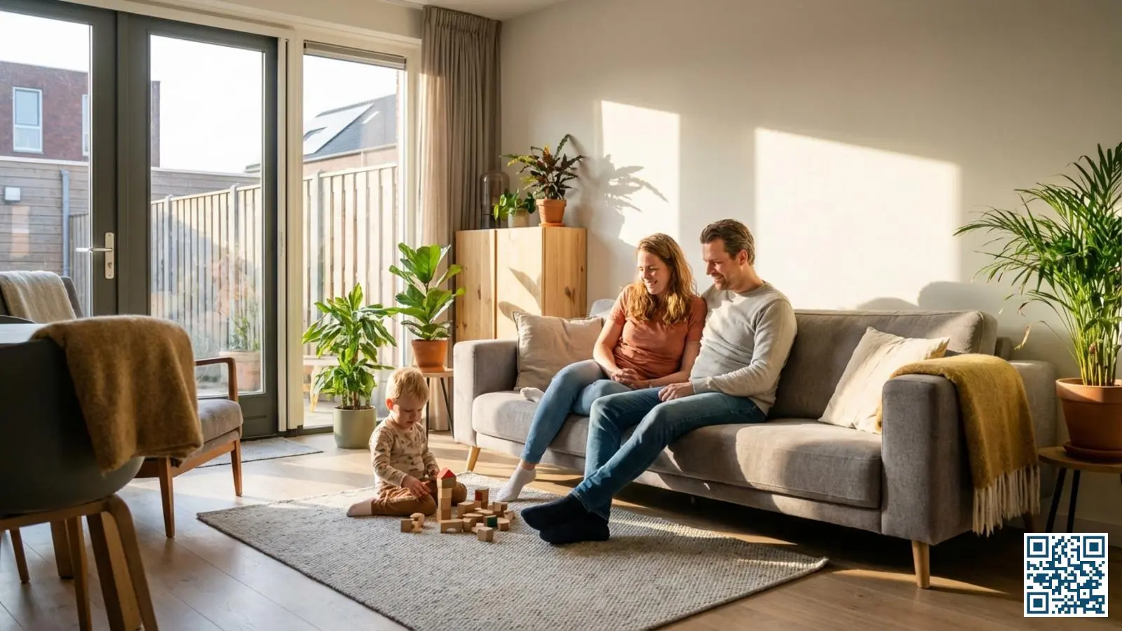 Nederlands gezin geniet van comfortabele woonkamer met grote energiezuinige HR-glas ramen en warm daglicht