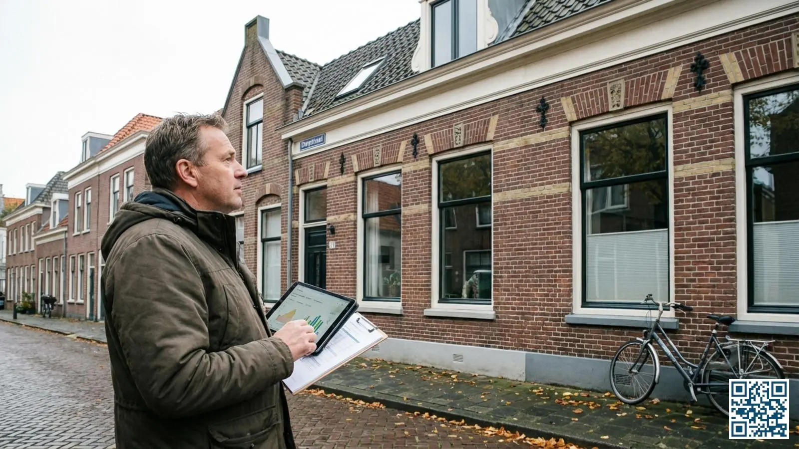 Nederlandse huiseigenaar bekijkt de buitenkant van zijn rijtjeshuis terwijl hij energiebesparende maatregelen plant