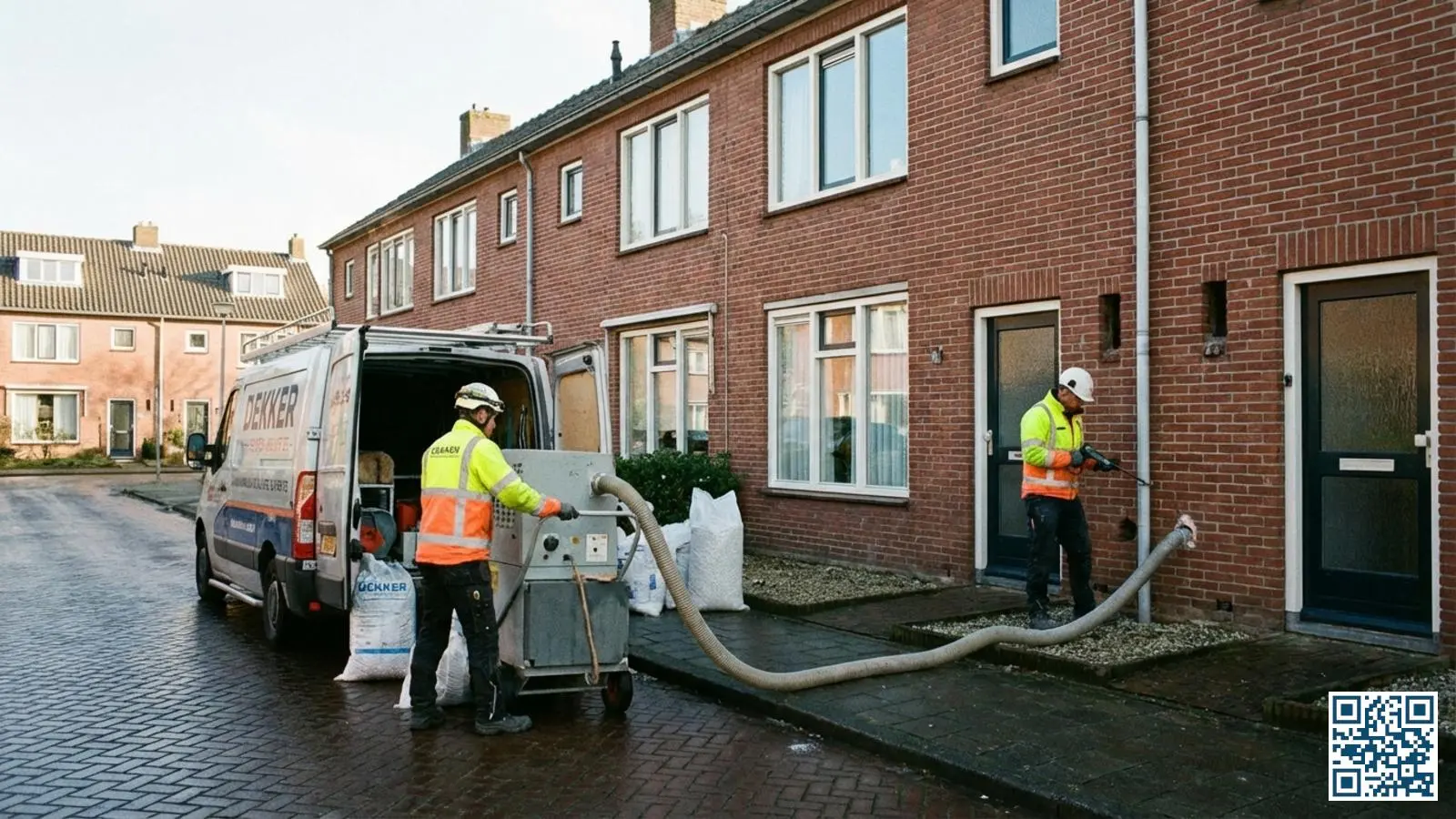 Vaklieden voeren spouwmuurisolatie uit aan een Nederlandse rijtjeswoning in een typische woonwijk