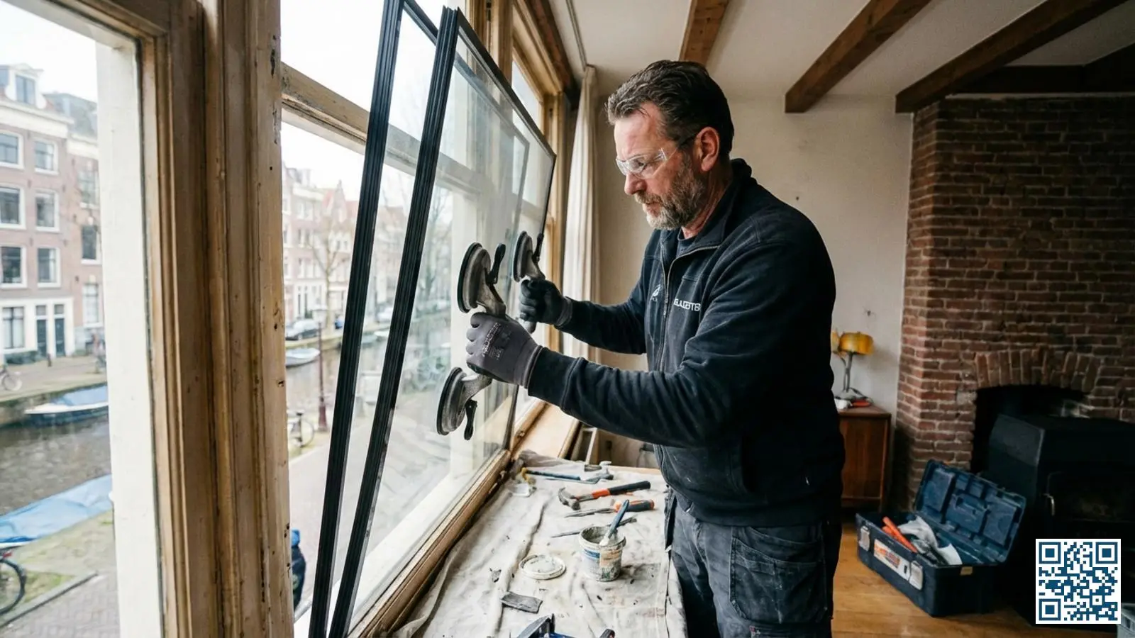 Professionele glaszetter plaatst nieuw isolerend HR-glas in een Nederlandse woning