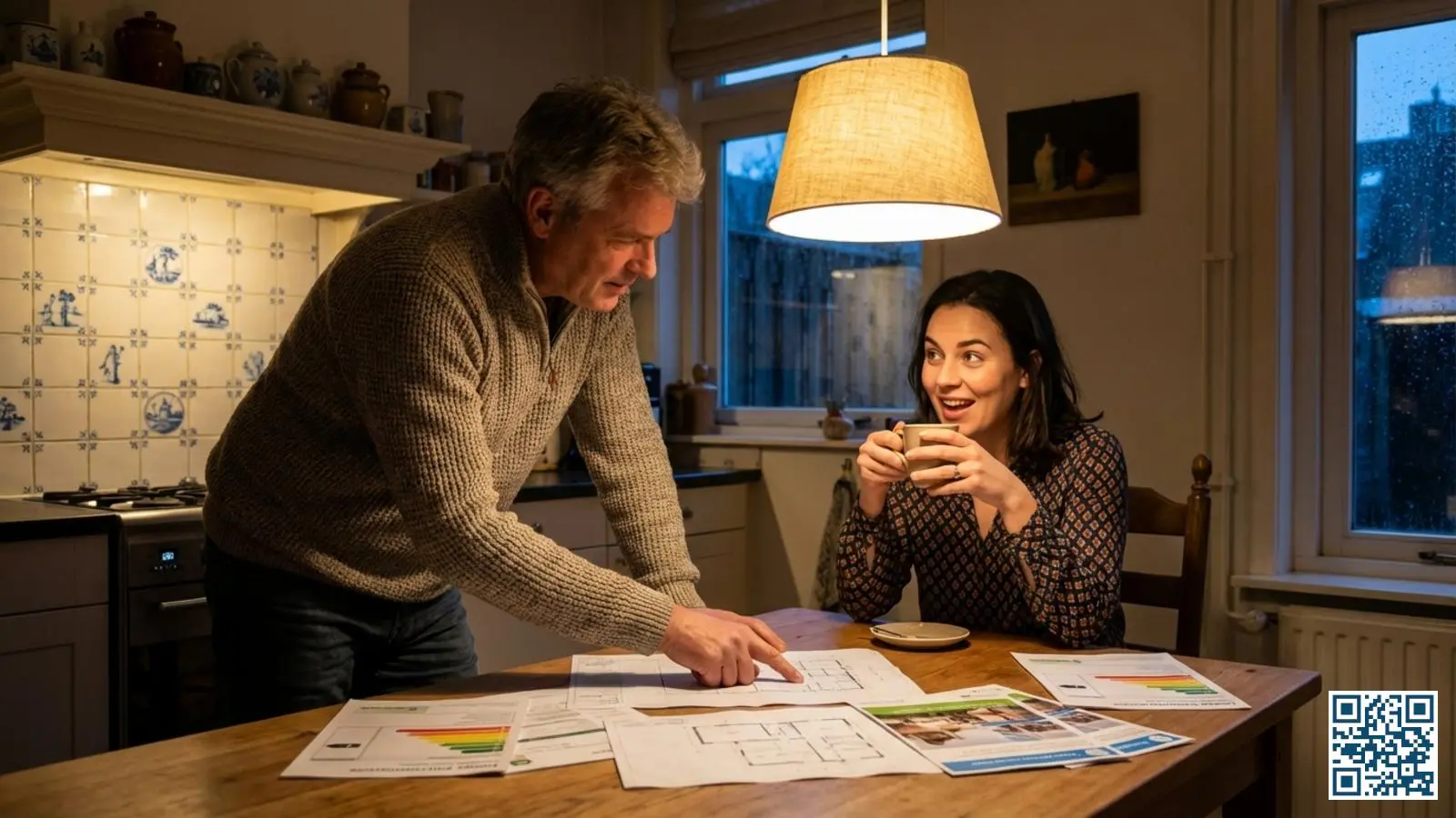 Particuliere verhuurder en huurder bespreken glasvervanging aan de keukentafel in een Nederlandse woning