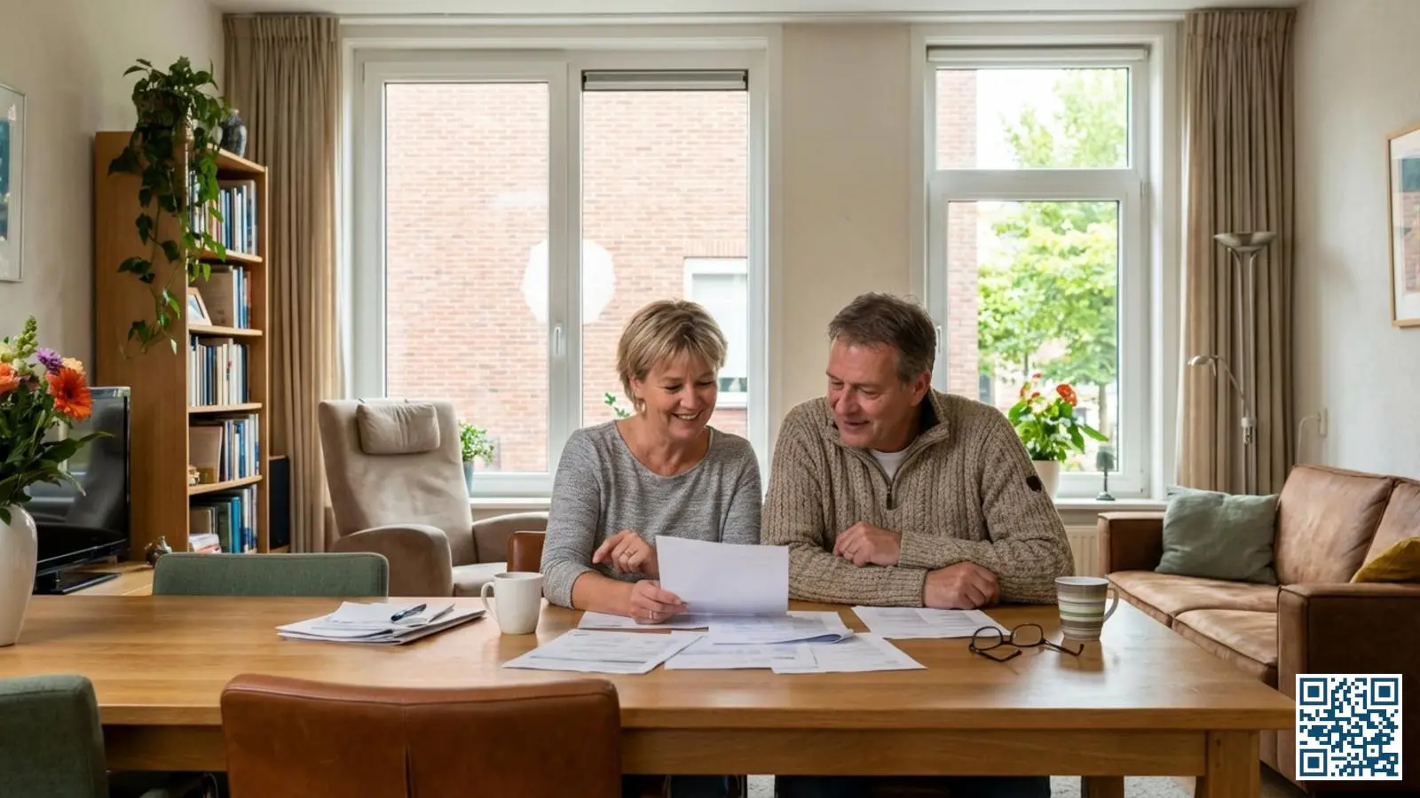 Nederlands koppel bekijkt subsidieaanvraag voor HR-glas in hun woonkamer met nieuwe dubbele beglazing