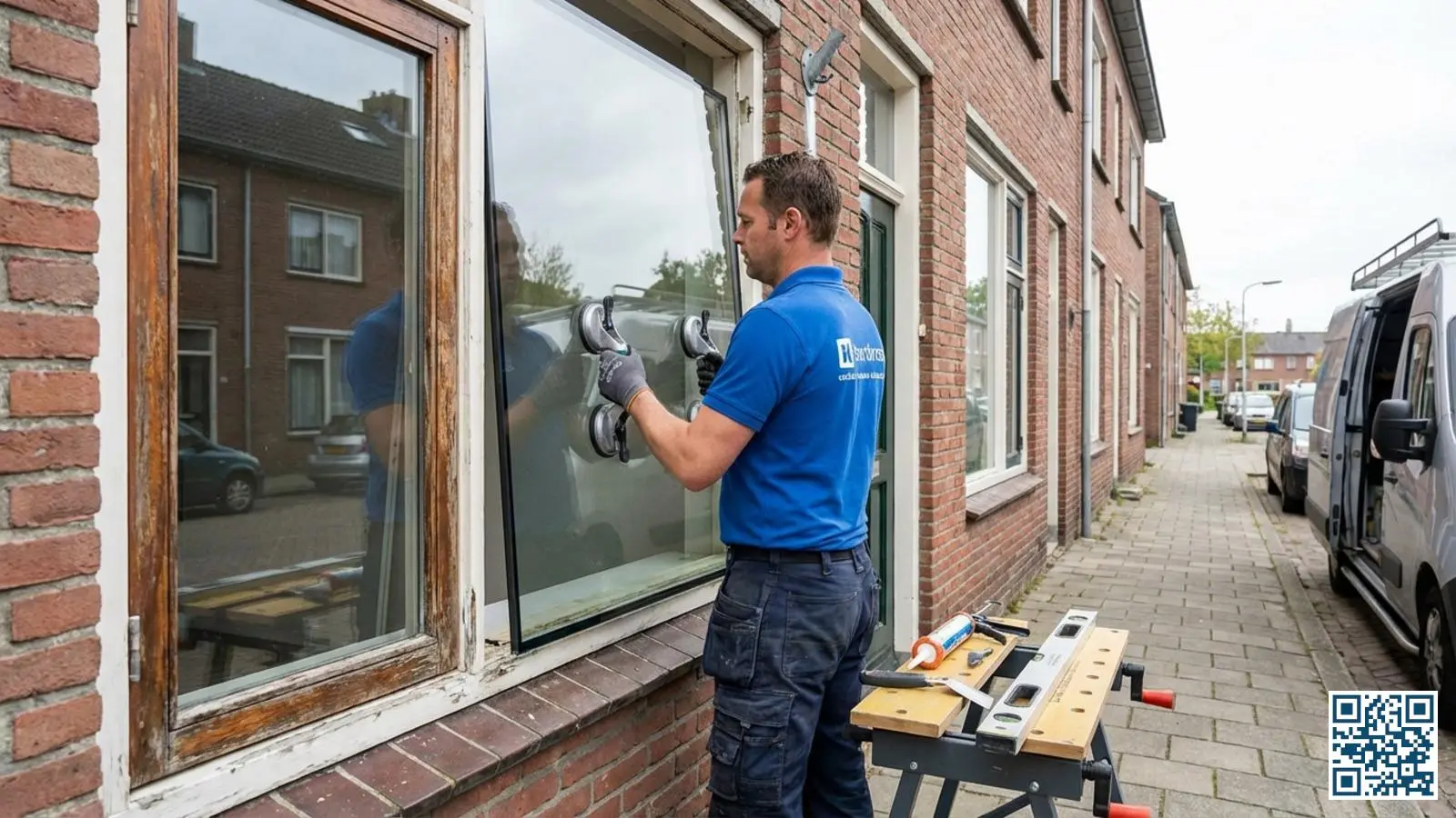Erkende glaszetter plaatst zorgvuldig een nieuwe isolerende glasunit in het kozijn van een rijtjeshuis
