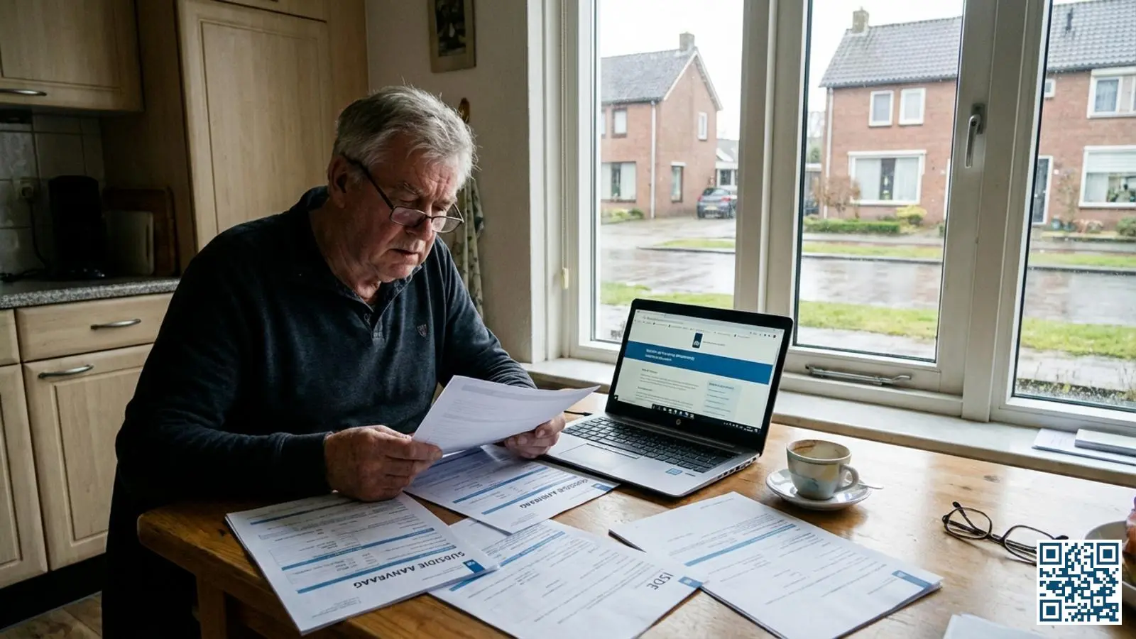 Huiseigenaar bekijkt ISDE-subsidiedocumenten aan keukentafel met HR-glas raam op de achtergrond