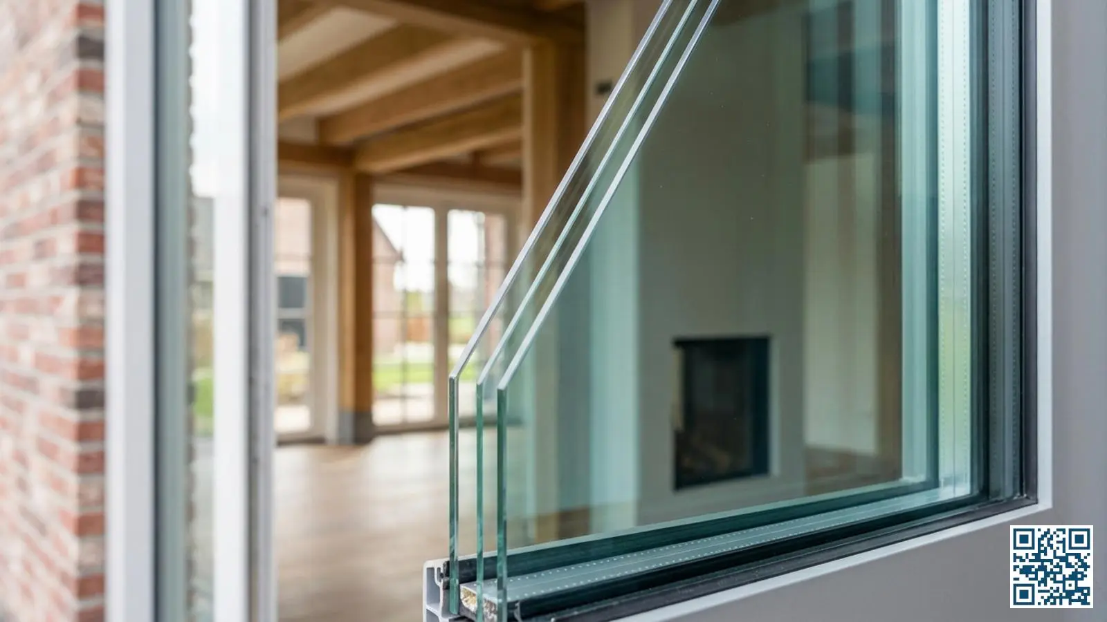 Close-up van HR-glas met zichtbare low-e coating reflectie die een subtiele groenblauwe tint toont