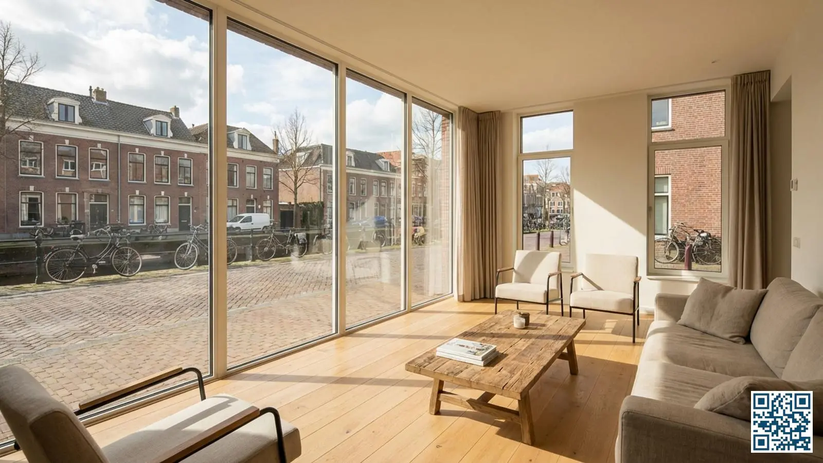 Lichte moderne woonkamer met grote HR-glas ramen en uitstekende daglichttoetreding door premium coating