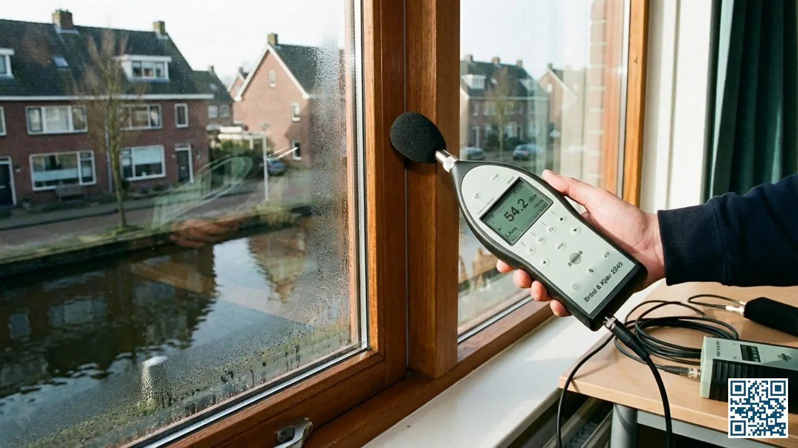 Professionele decibelmeter meet de geluidsisolatie bij een dubbelglas raam in een Nederlandse woning