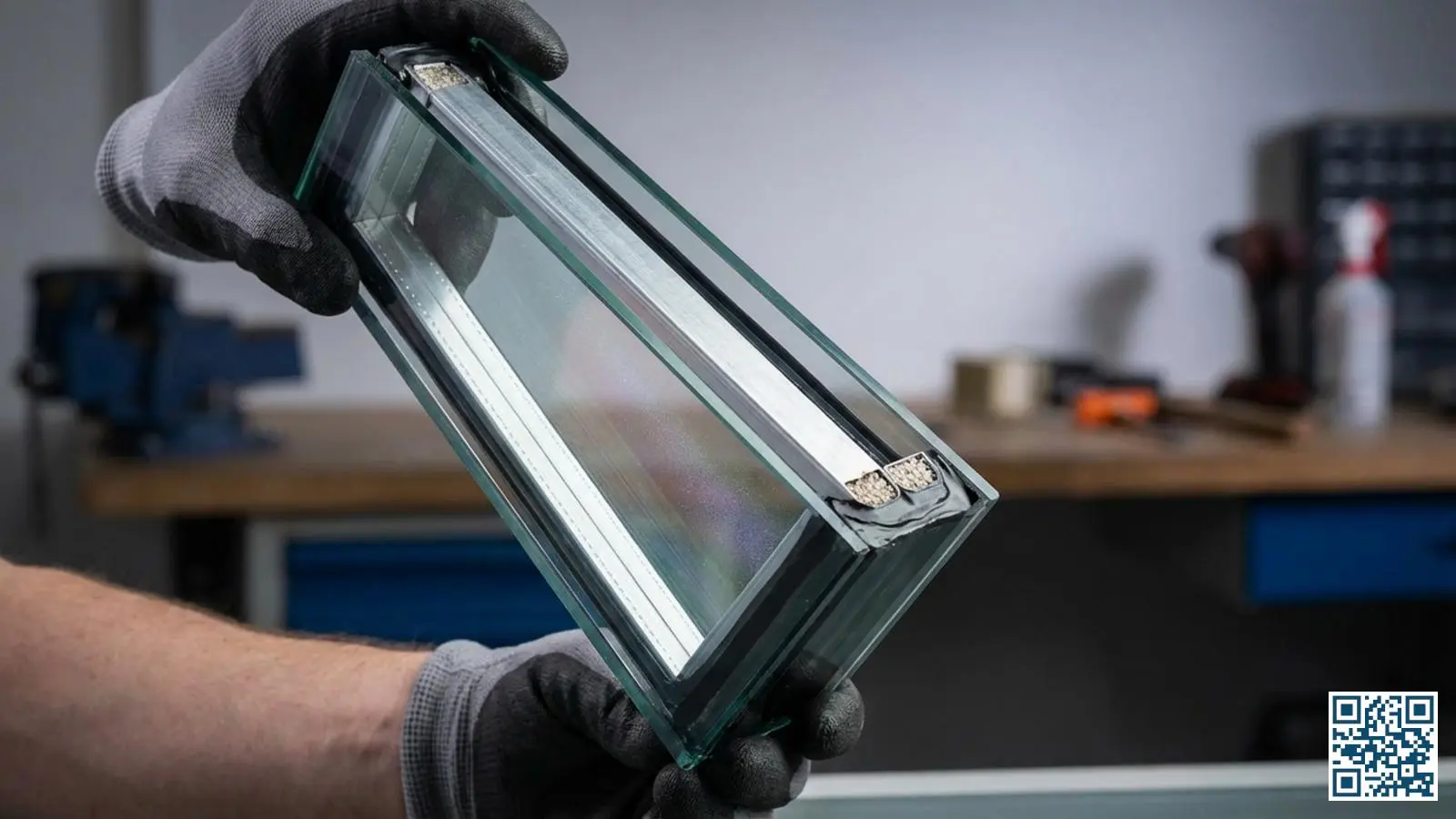 Doorsnede van een HR-glas unit met zichtbare spacer en gasvulling tussen de twee glasplaten