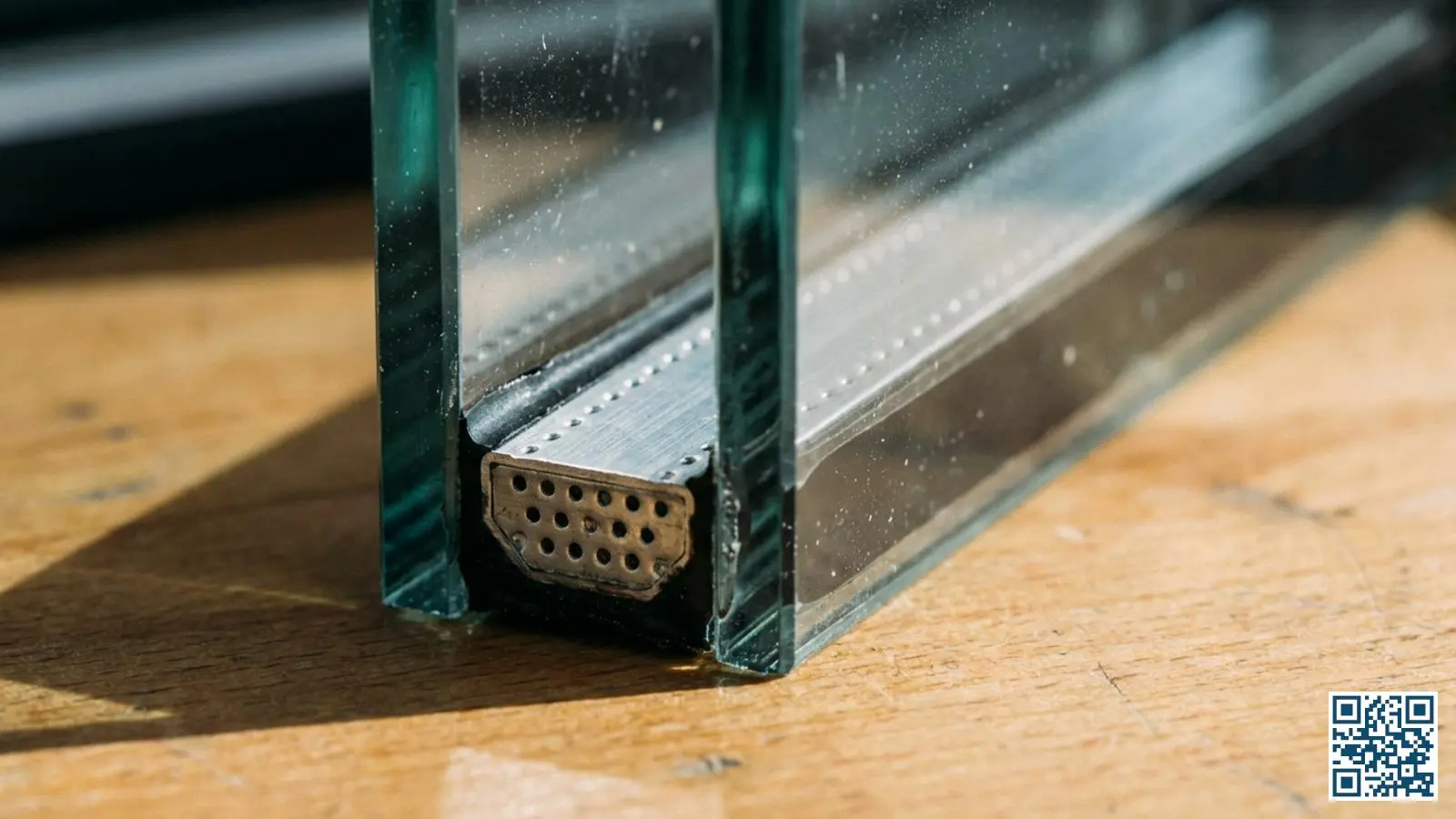 Close-up van de spacer en randafdichting van een HR-glas unit met zichtbare afstandhouder tussen de glasplaten