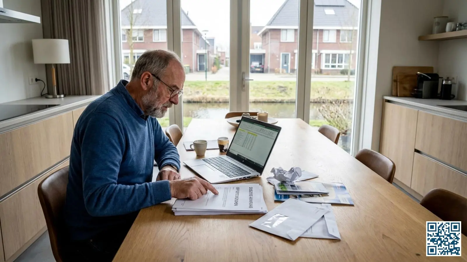 Huiseigenaar vergelijkt offertes voor glasvervanging met subsidieformulieren aan de keukentafel in moderne woning