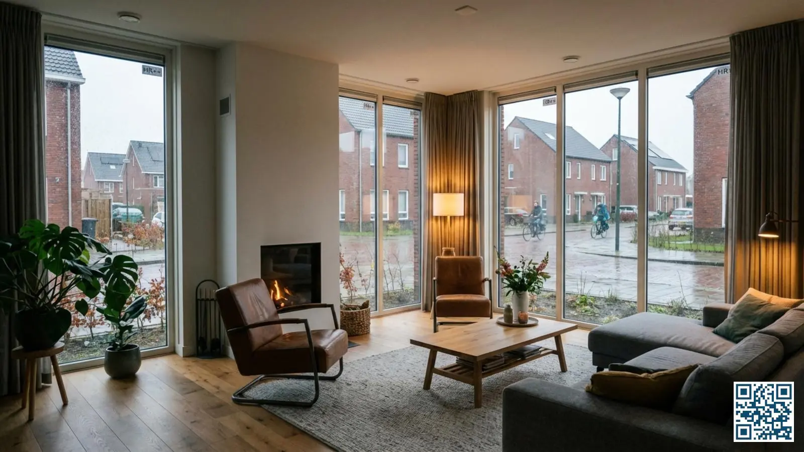 Moderne woonkamer met grote HR++ glazen ramen waar warm daglicht naar binnen stroomt en uitzicht op een Nederlandse straat