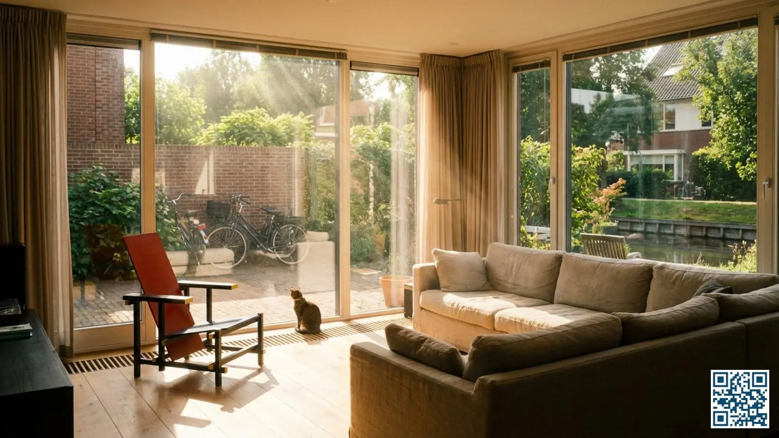Lichte woonkamer met grote zuidgerichte ramen waar zonlicht naar binnen stroomt op een zonnige dag
