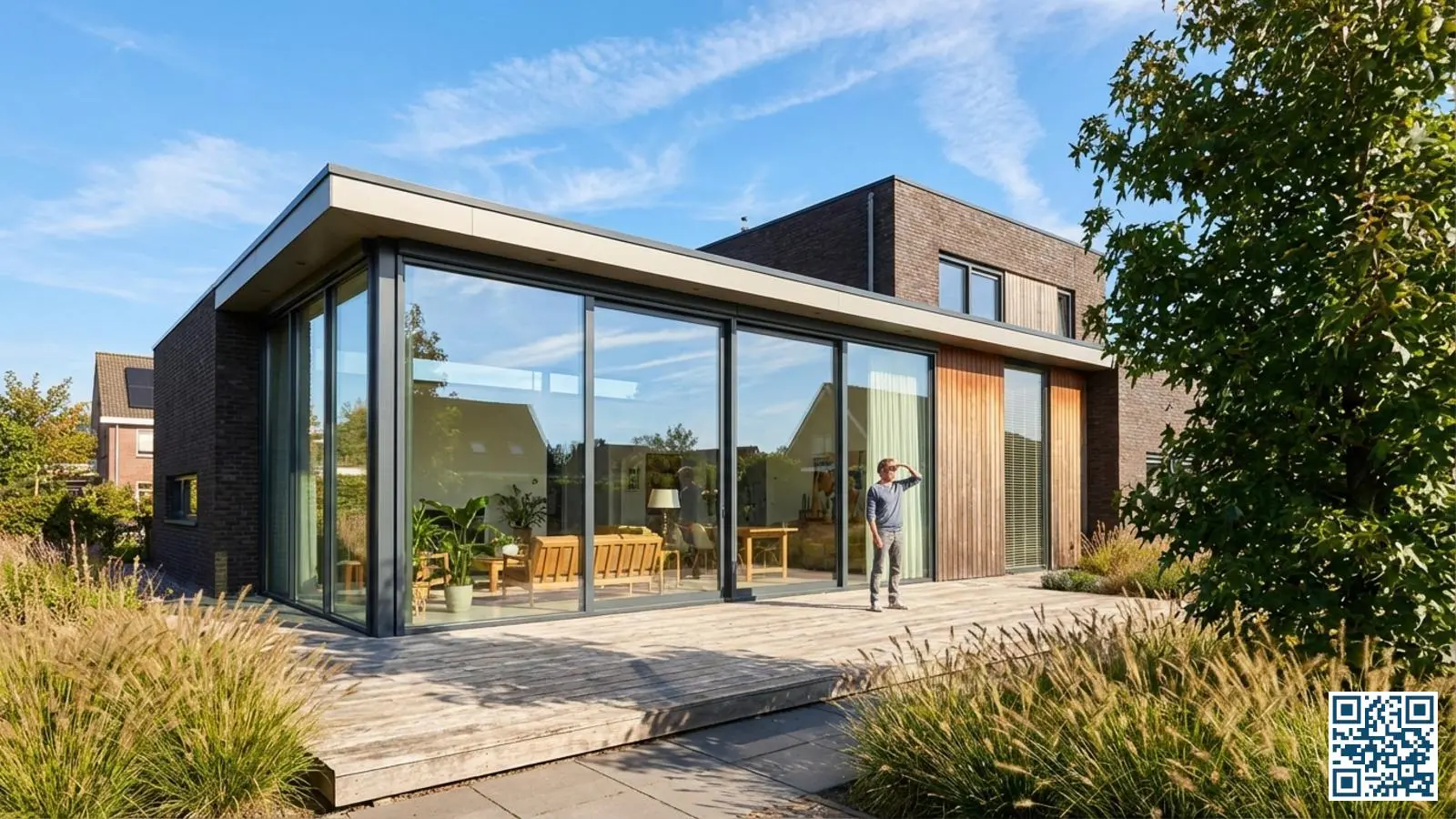 Nederlandse woning met grote glaspartij aan de zuidzijde waar de zon op schijnt