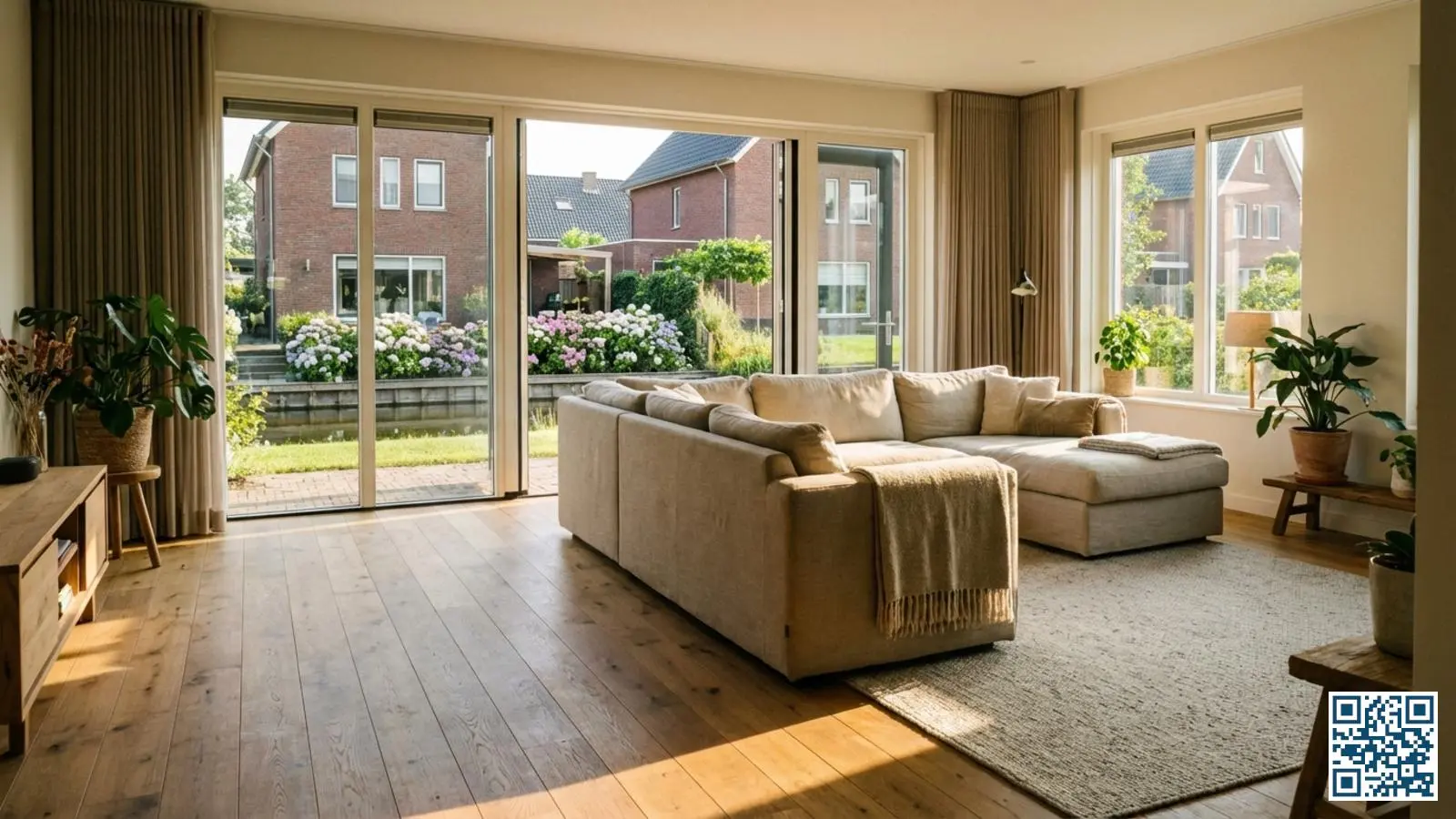 Moderne woonkamer met grote ramen waar veel zonlicht naar binnen valt op een zomerse dag
