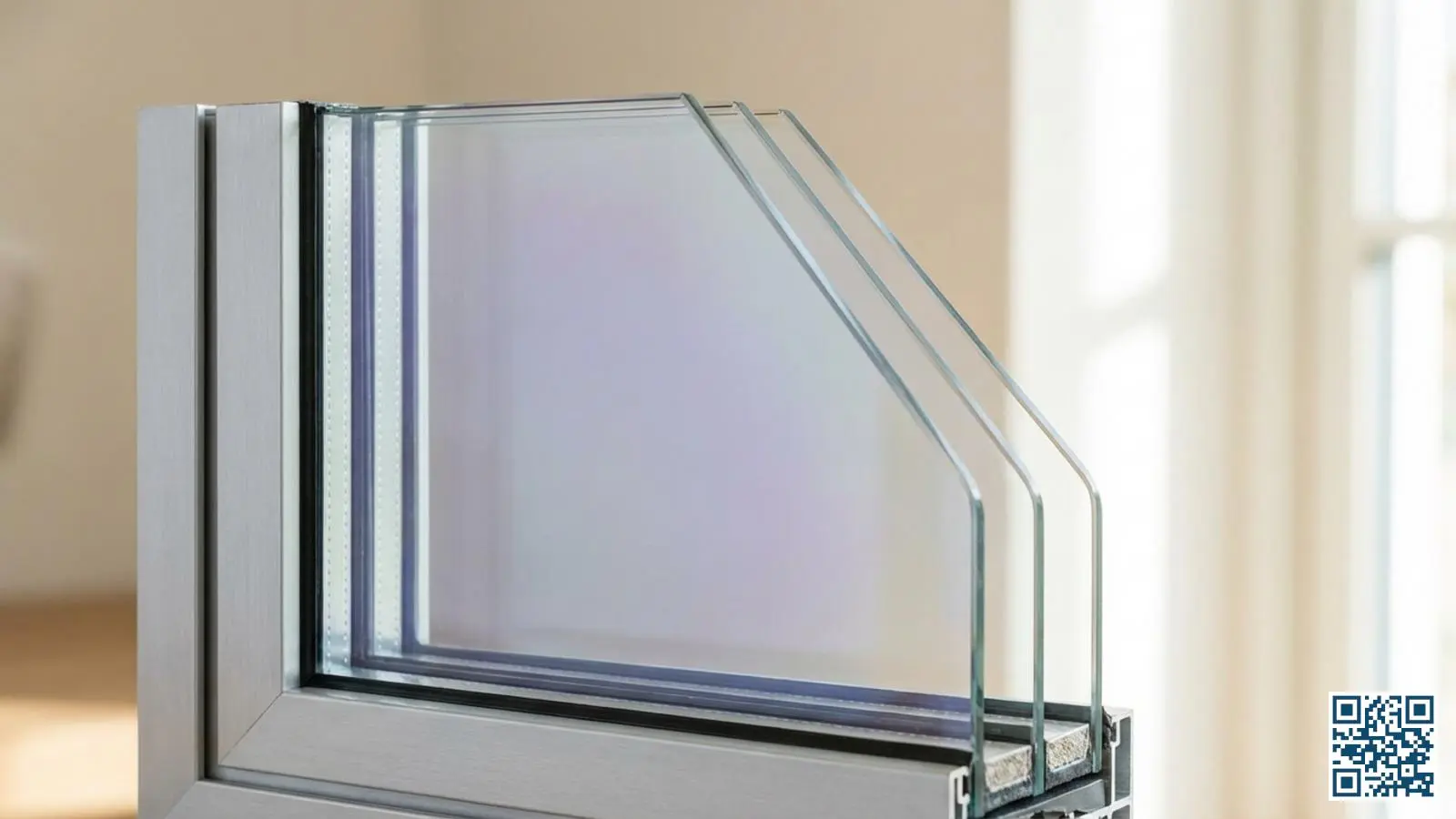 Close-up van HR++ glas met zichtbare subtiele coating reflectie die de isolerende eigenschappen toont