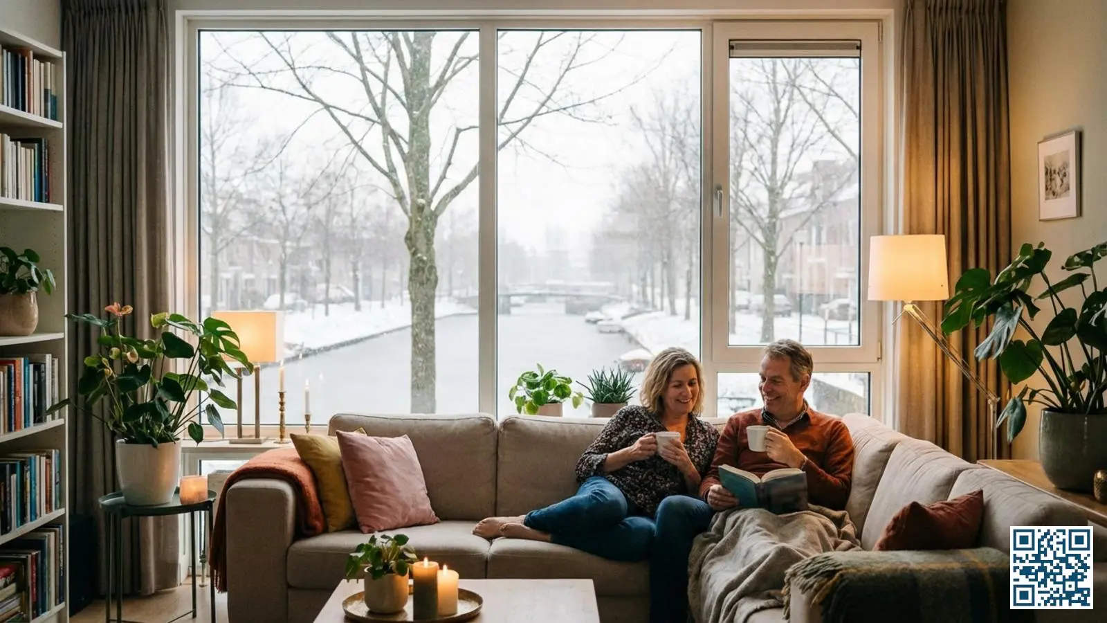Gezellige woonkamer met HR++ glas waar een stel comfortabel bij het raam zit tijdens de winter