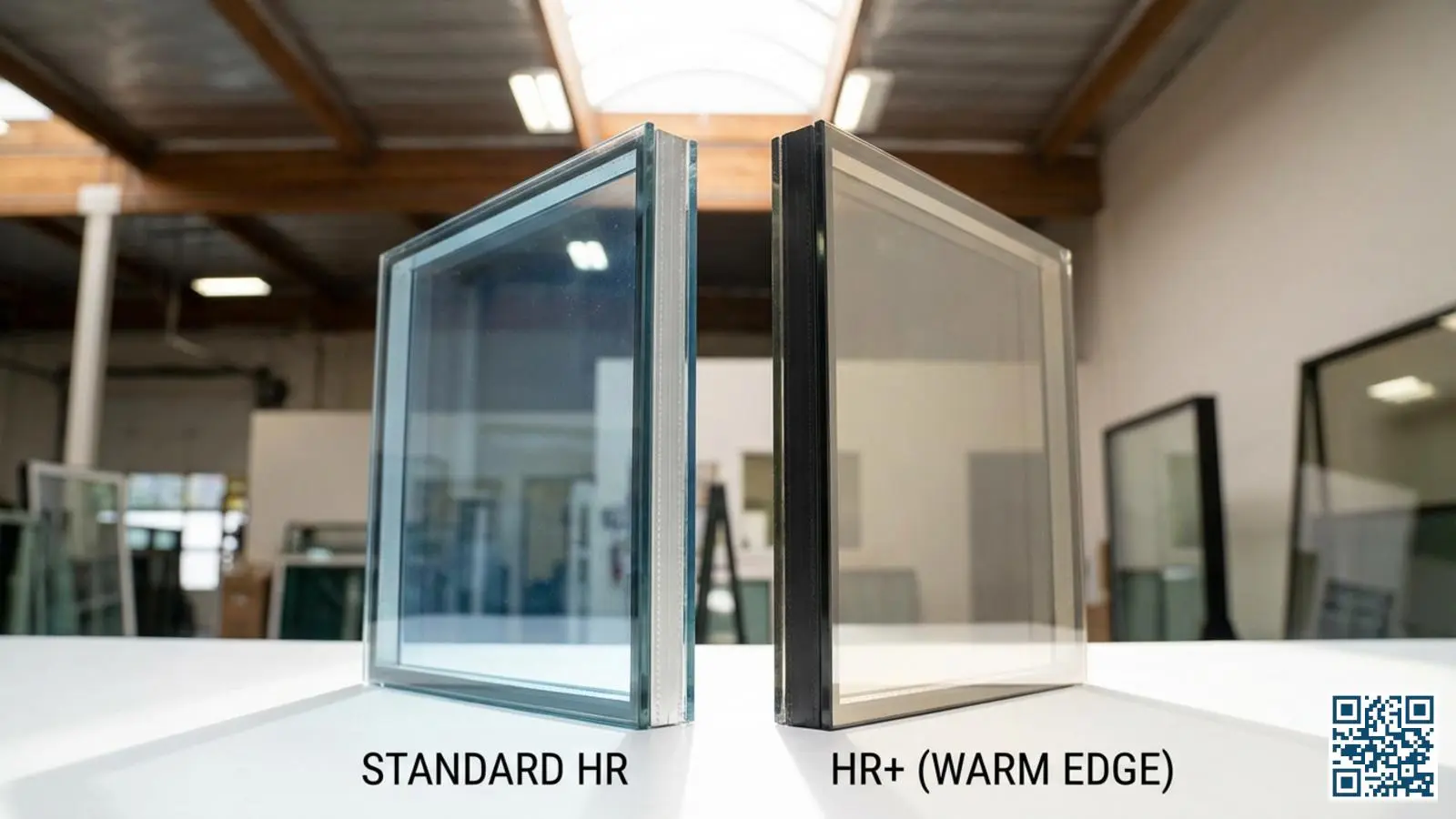 Twee isolerende glasunits naast elkaar in een showroom met zichtbare spouw en randafdichting voor vergelijking