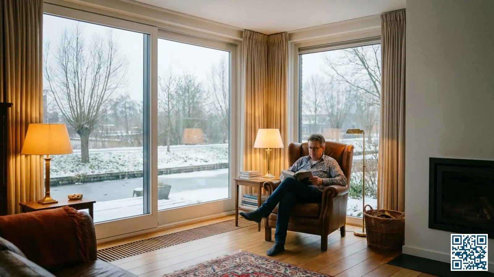 Gezellige woonkamer met grote HR-glas ramen waar een bewoner comfortabel bij het raam zit te lezen in de winter