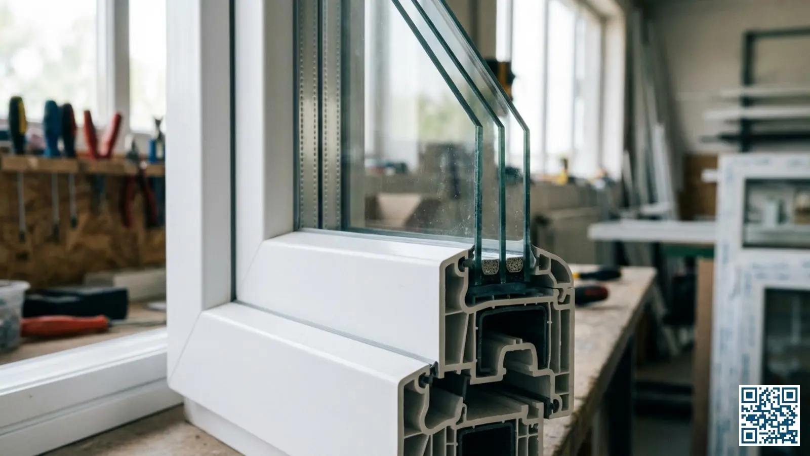 Close-up van wit kunststof kozijnprofiel met zichtbare diepte voor dikke triple glas installatie en drie glaslagen