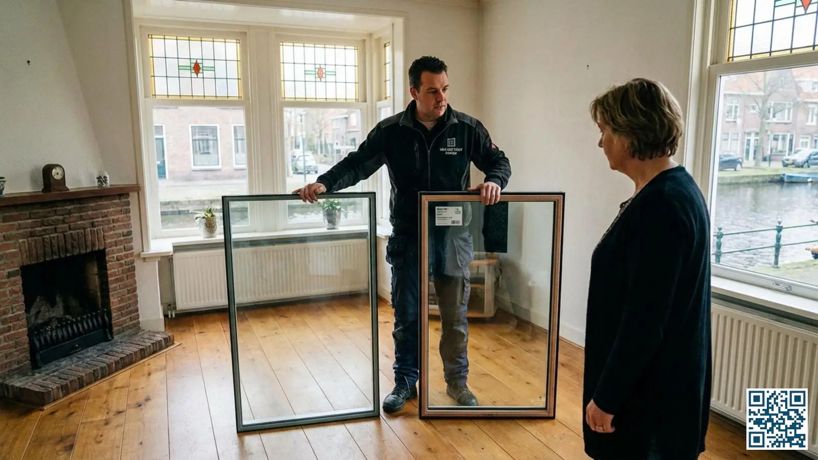 Glaszetter toont het verschil tussen HR+ en HR++ isolatieglas aan een huiseigenaar in een Nederlandse woonkamer