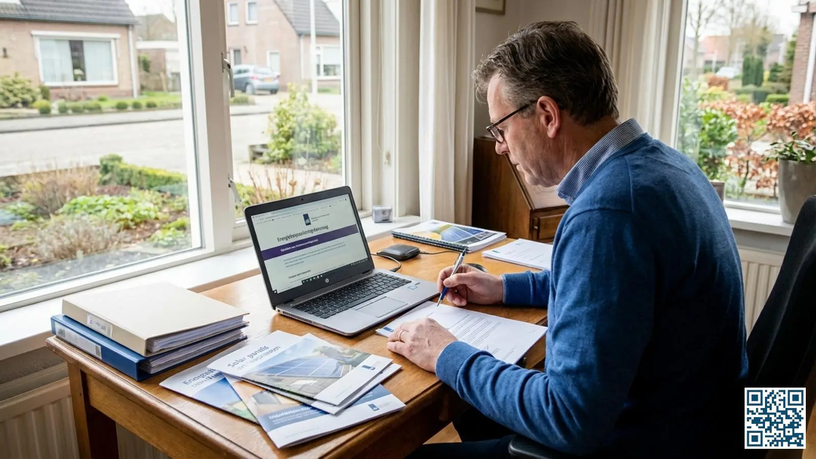 Nederlandse huiseigenaar vraagt ISDE-subsidie voor HR-glas aan op een laptop in een thuiskantoor