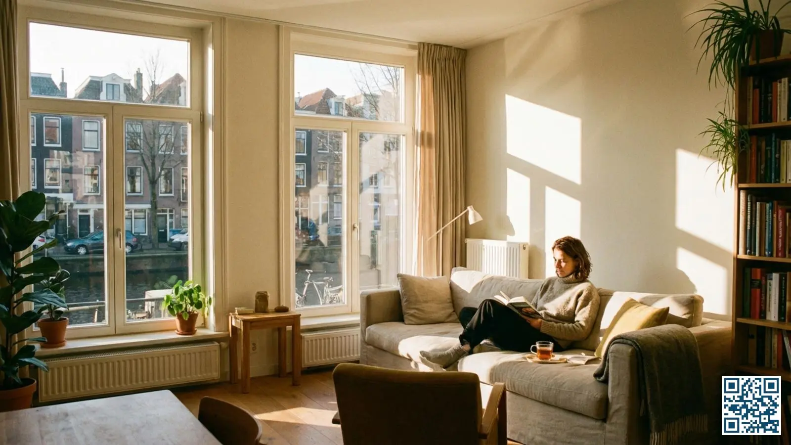 Lichte Nederlandse woonkamer met HR++ ramen waar warm daglicht naar binnen stroomt en een bewoner comfortabel zit