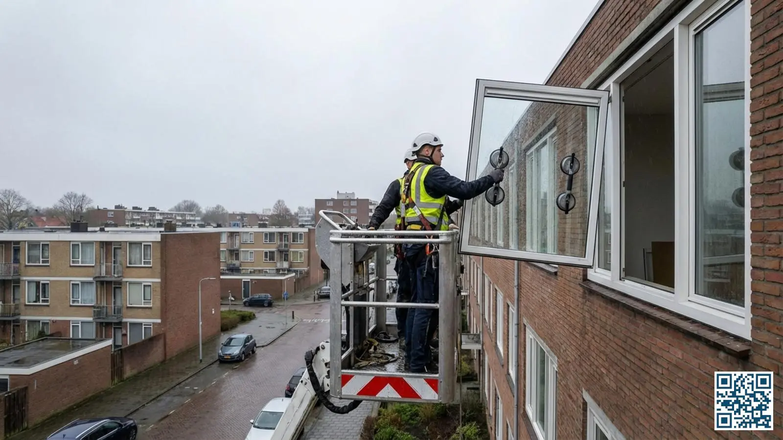 Glaszetter installeert HR-glas op een bovenverdieping van een appartementencomplex met behulp van een hoogwerker
