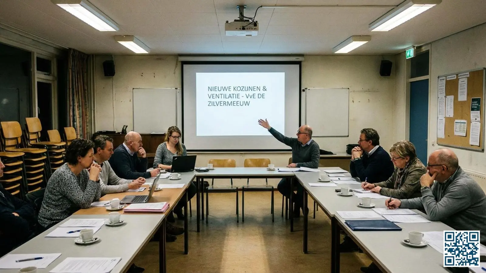 VvE-leden tijdens een vergadering over glasvervanging met documenten en een presentatie op het scherm