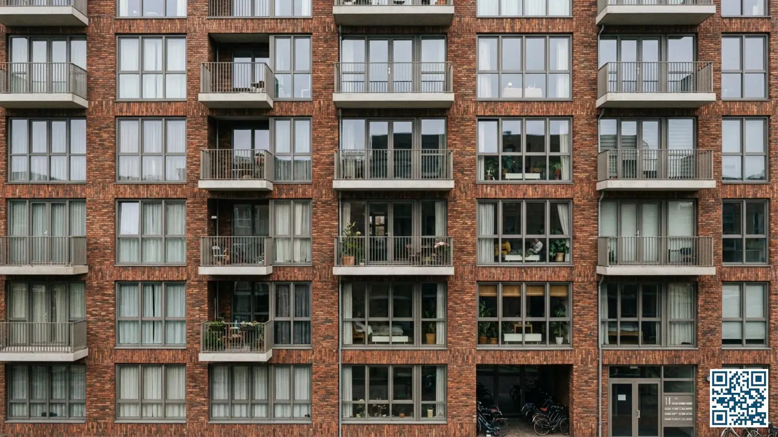 Nederlands appartementencomplex met gemeenschappelijke kozijnen en uniforme ramen over meerdere verdiepingen