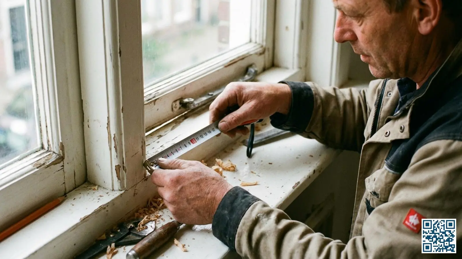 Glaszetter meet de sponningdiepte van een houten kozijn om geschiktheid voor HR++ glas te bepalen