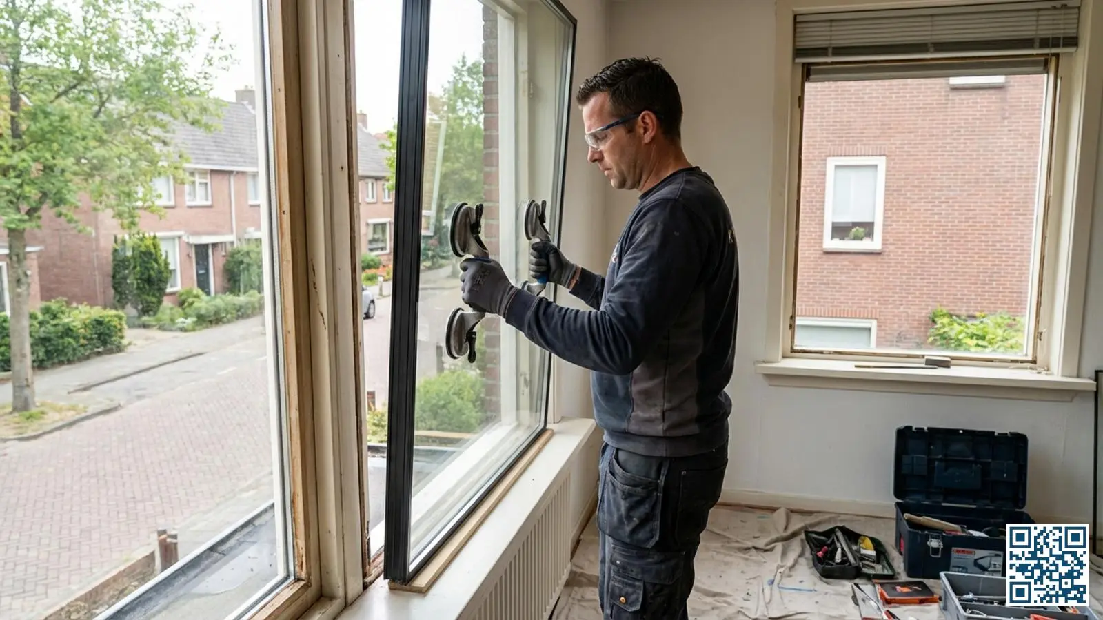 Glaszetter plaatst zorgvuldig een moderne HR++ glasunit met zichtbare spacer in een bestaand kozijn van een woning