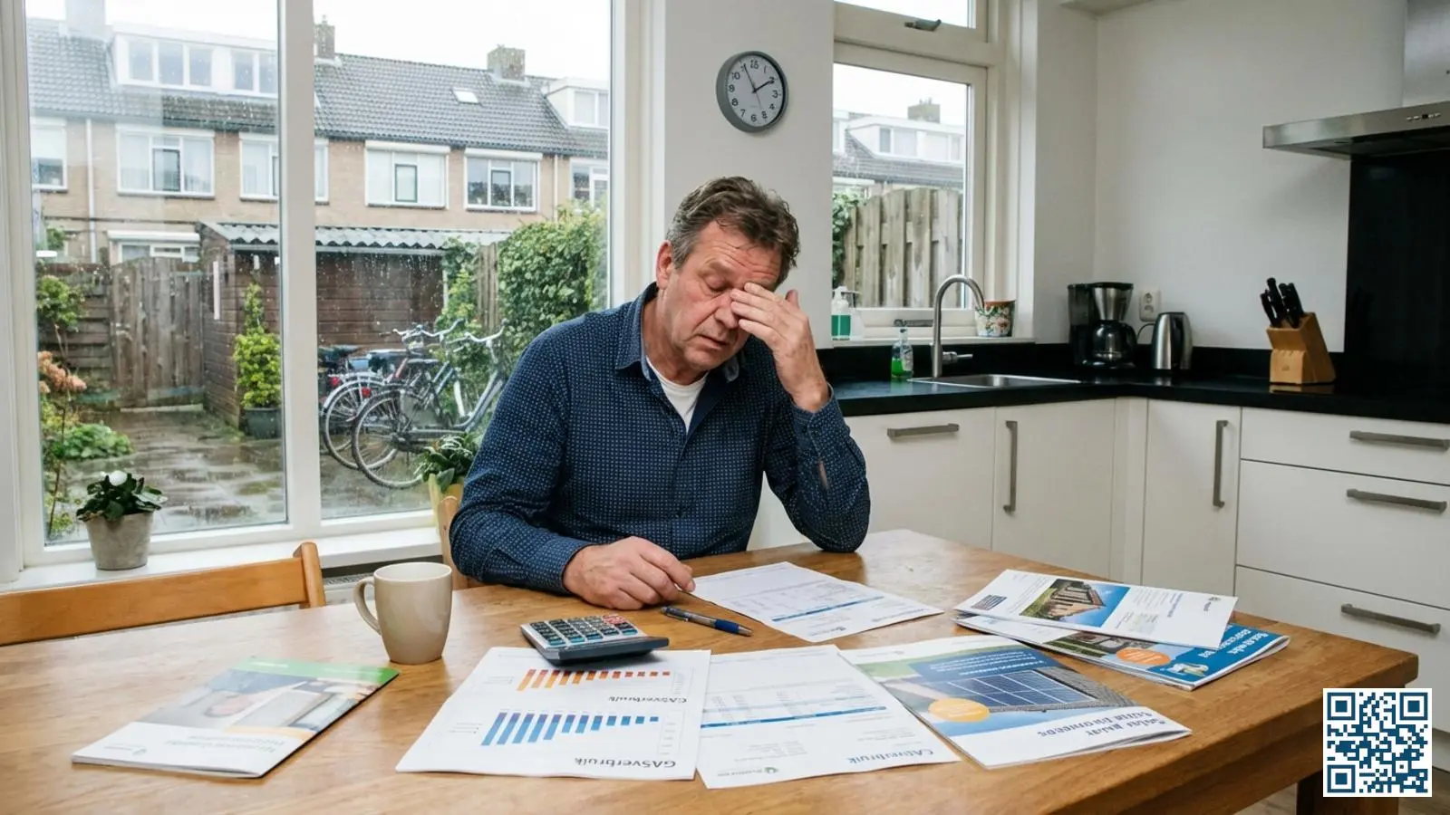 Huiseigenaar berekent de kosten en besparing van glasvervanging met energierekeningen op tafel