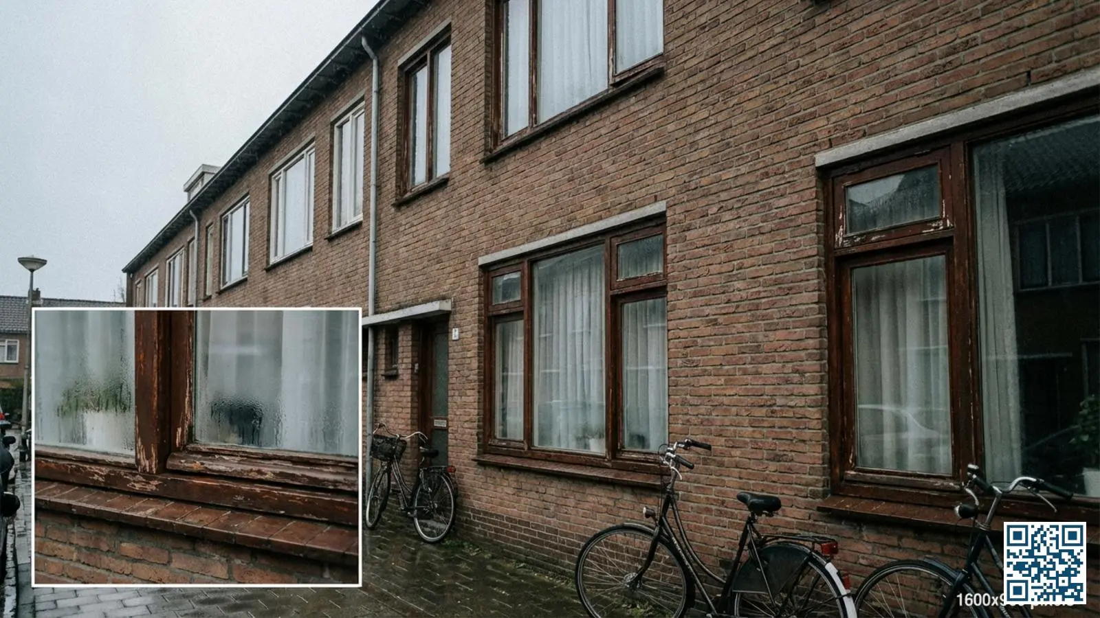 Nederlandse woning uit de jaren zestig met originele houten kozijnen en enkelglas ramen zichtbare condensatie