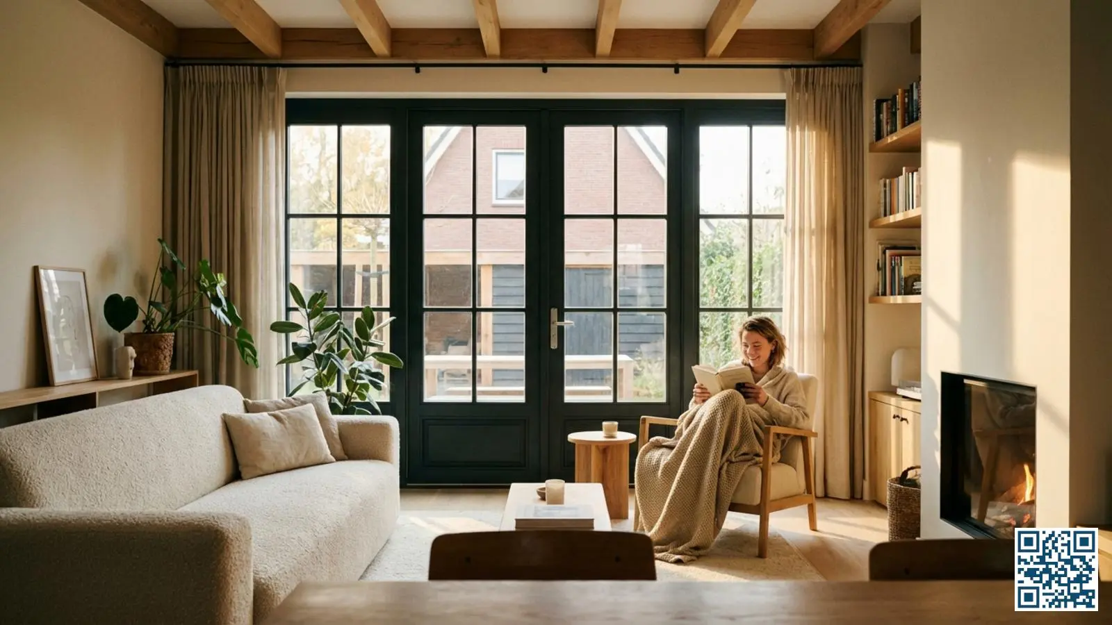 Warme woonkamer met nieuw geïnstalleerd HR++ glas waar bewoner comfortabel bij het raam zit