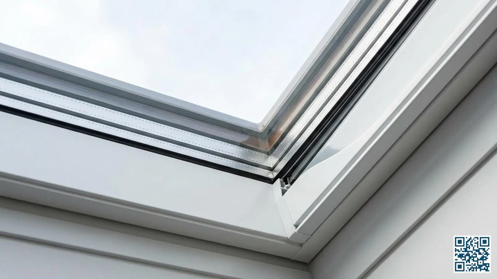 Close-up van isolerend veiligheidsglas in een dakraam met zichtbare glasopbouw en profielrand