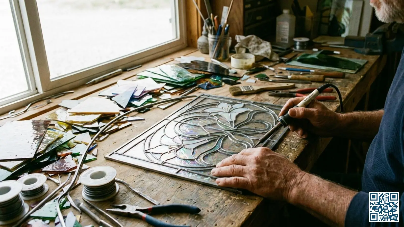 Vakman restaureert een glas-in-lood paneel met loodstrips en soldeergerei op een werkbank in het atelier