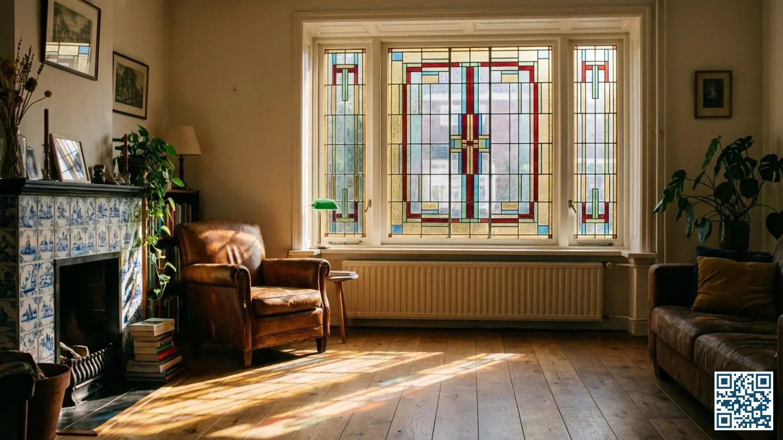 Authentiek glas-in-lood raam met geometrisch patroon in een Nederlandse woning waar gekleurd licht naar binnen valt