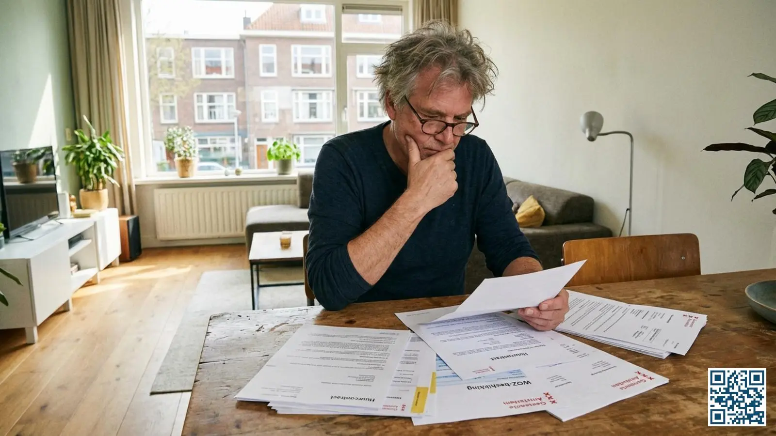 Huurder bekijkt officiële documenten over een procedure bij de huurcommissie thuis