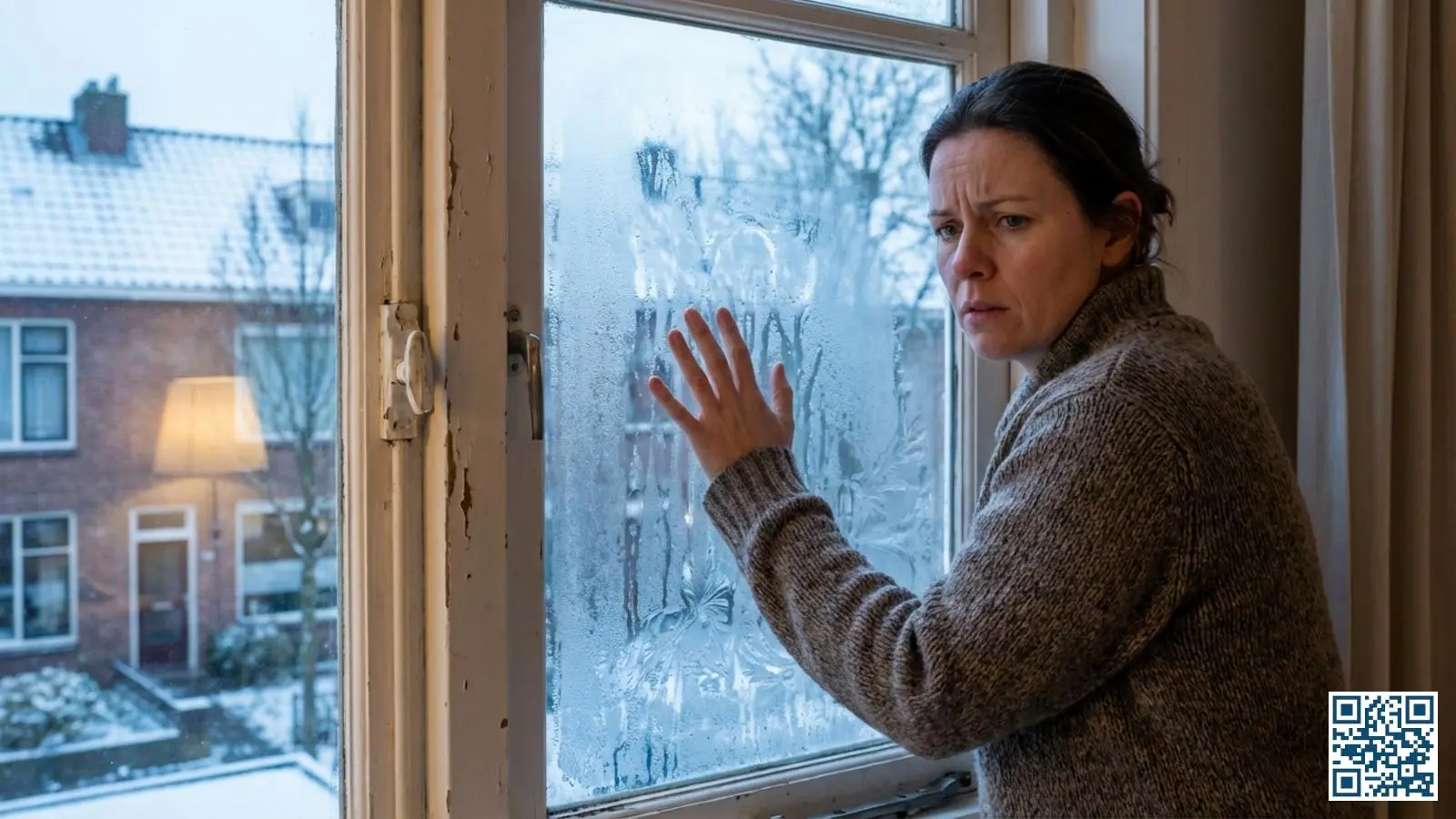 Nederlandse huurder voelt aan een koud slecht geïsoleerd raam met condensatie in een huurwoning
