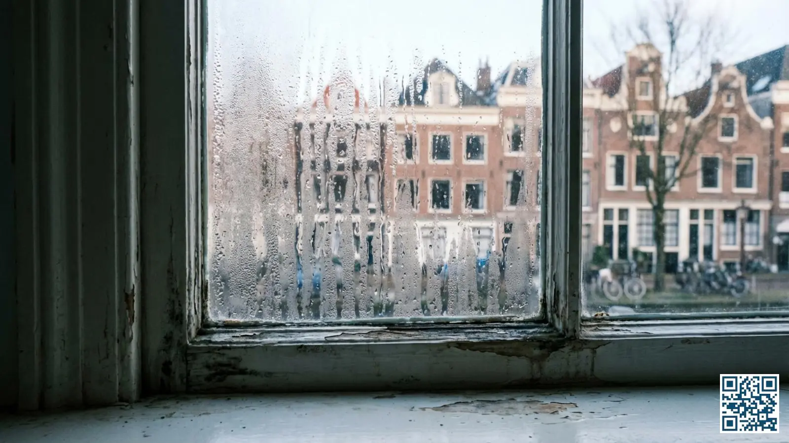 Raam in een Nederlandse huurwoning met ernstige condensvorming door slechte isolatie