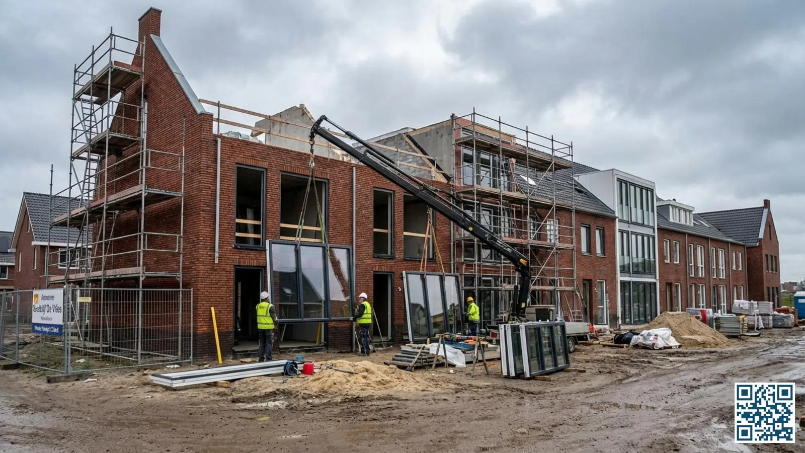 Bouwplaats van een Nederlandse nieuwbouwwijk waar arbeiders raamunits plaatsen in de gevels van rijtjeshuizen