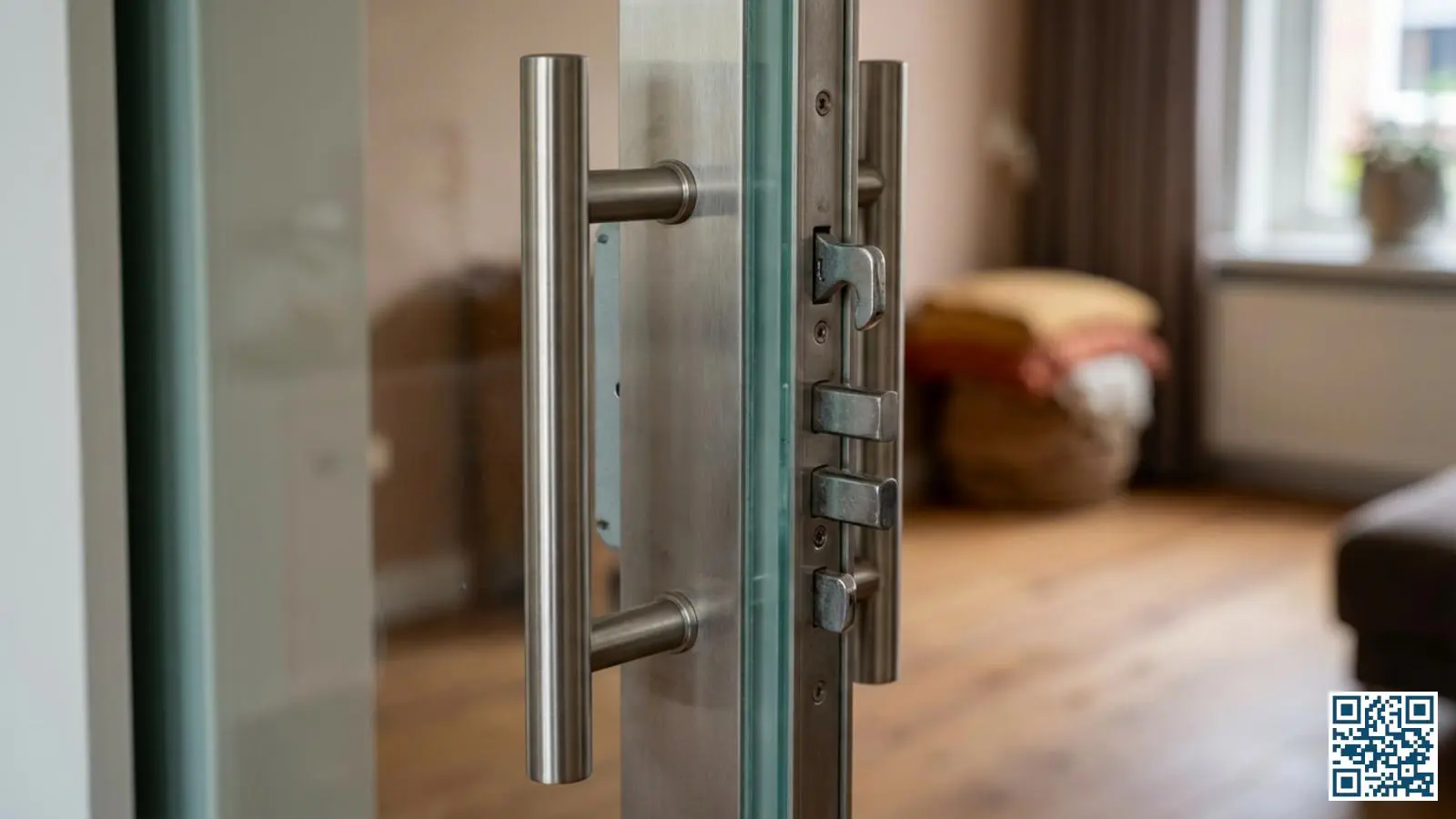 Close-up van modern schuifpui handgreep met meerpuntsvergrendeling in gesloten positie voor inbraakwerendheid