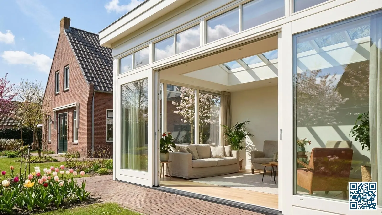 Moderne serre met grote glasvlakken en comfortabele zithoek met uitzicht op de tuin in het voorjaar