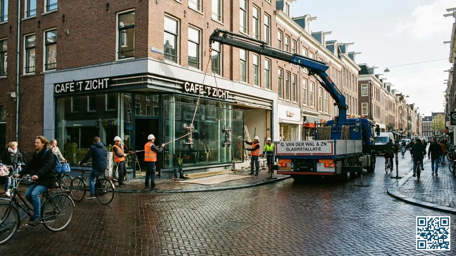 Glaszetters plaatsen een grote panoramaruit met kraanwagen bij een horecazaak in de stad