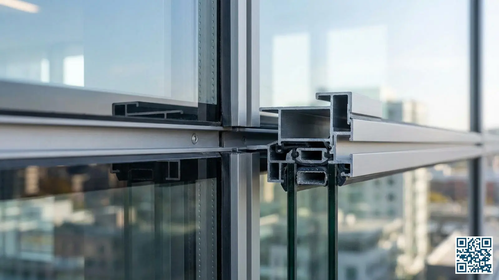 Close-up van een vliesgevelsysteem met aluminium profielen en isolerende glasunits op een kantoorgebouw