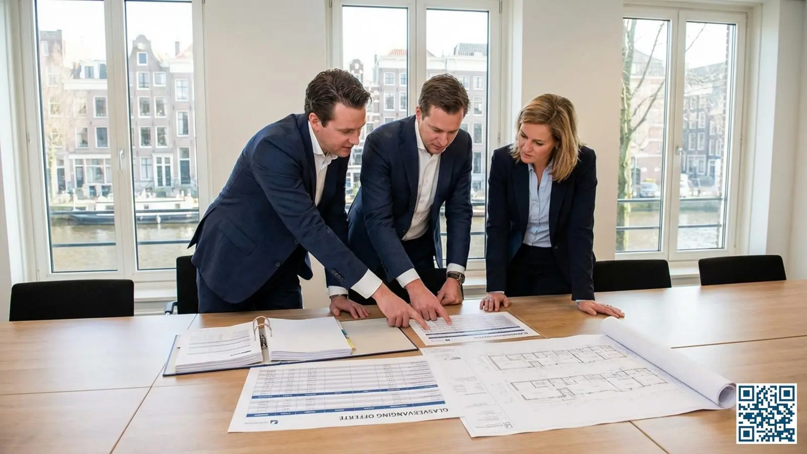 Zakelijke vergadering over glasvervanging met professionals die offertes en projectdocumenten bespreken