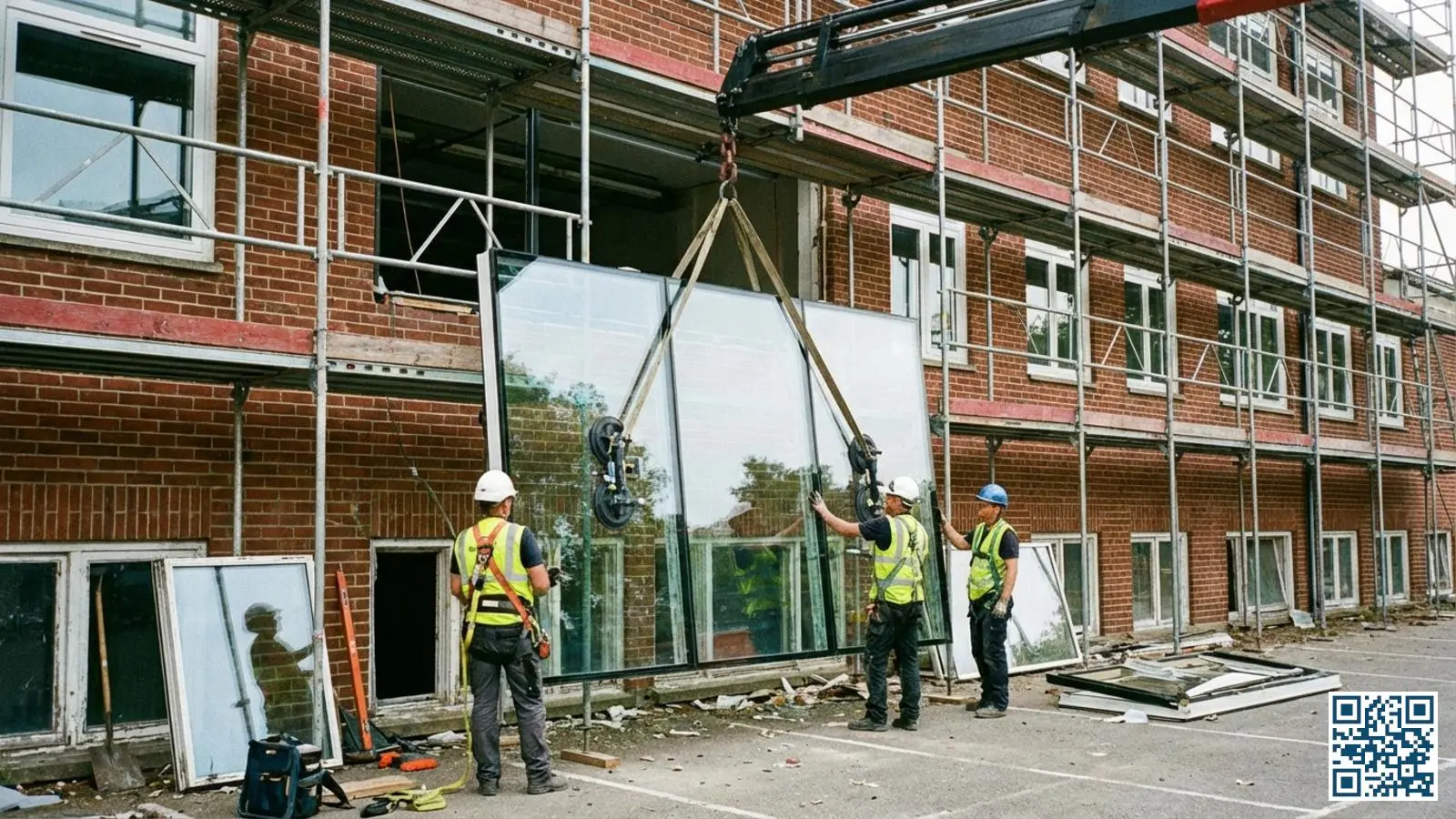Glaszetters met veiligheidskleding installeren nieuwe isolerende glasunit bij een schoolgebouw tijdens renovatie